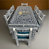 Bone Inlay Floral Design 8 Seater Dining Table Set Navy Blue